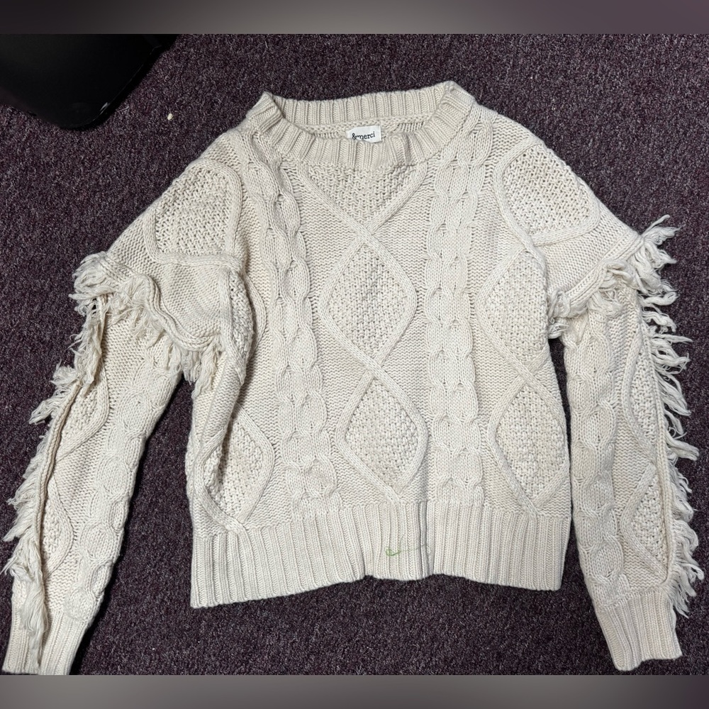 Elegant Cream Cable Knit Sweater with Fringe